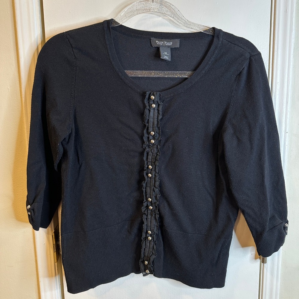 White House Black Market Black Ruffle Studded Cardigan 3/4 Sleeve Scoop Neck M